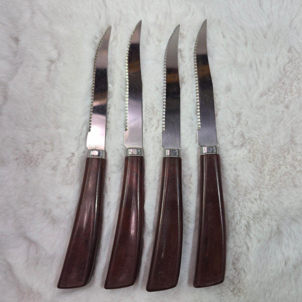 Vintage Quikut Steak Knives Set of 4 Serrated Stainless Steel Brown MCM Handles